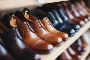 A row of shoes on a shelf in a shoe store photo