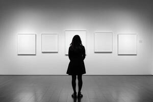 A woman is standing in front of three framed pictures photo