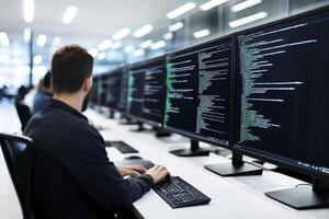 A man is working on a computer with several screens photo