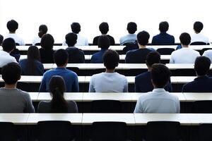 A group of people sitting in rows in a lecture hall photo