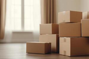 Moving boxes stacked on top of each other in an empty room photo