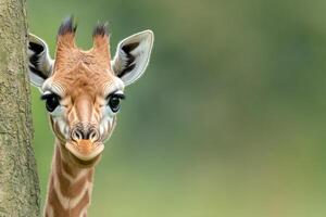 A giraffe peeking out from behind a tree photo