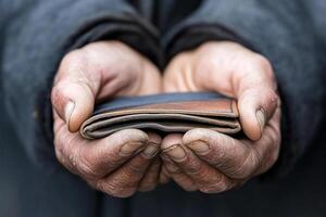 A person holding a wallet with a wallet in their hands photo