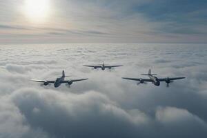 Three planes flying in formation over the clouds photo