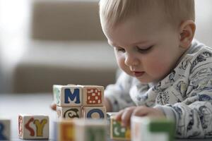 A baby playing with blocks on a table photo