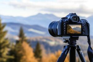 A camera on a tripod with mountains in the background photo