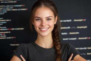 A smiling young woman with her arms crossed in front of a computer code photo