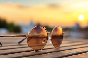 Sunglasses on a wooden table with the sun setting in the background photo