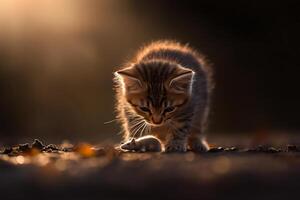 A kitten is walking on the ground with a mouse photo