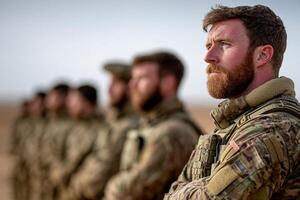 A man with a beard and beard standing in front of a group of soldiers photo