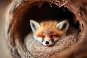 A fox sleeping in a nest photo
