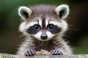 A raccoon is looking at the camera with its eyes wide open photo