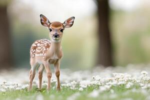 A baby deer is standing in a field of flowers photo