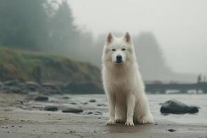 A white dog sitting on the beach in the fog photo