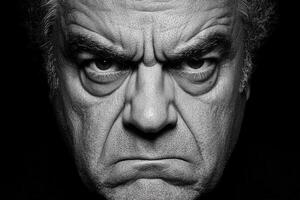 A black and white photo of a man with an angry face