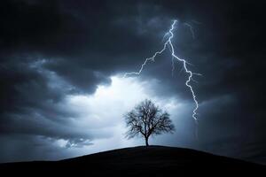 A lone tree on a hill with lightning coming from the sky photo