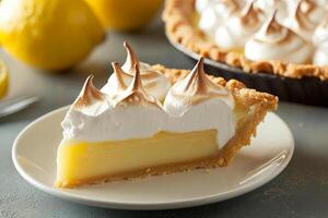 A slice of lemon meringue pie with a fork photo