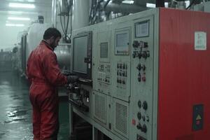 A man in a red suit is working on a machine photo