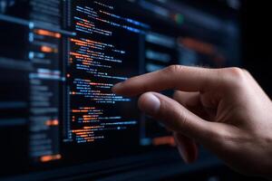 A person is pointing at a computer screen with code on it photo
