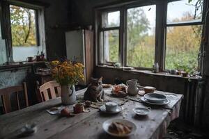 A cat sits on a table in an abandoned house photo