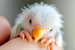 A small bird with yellow eyes is sitting on a person's hand photo