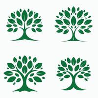 Set of stylized green tree symbols featuring thick trunks and leafy crowns for eco and natural use vector