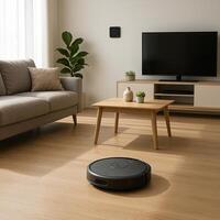 Smart Robot Vacuum in Modern Minimalist Living Room with Wooden Furniture and Sunlit Ambiance Showcasing Home Automation Trend and Clean Design Elements Concept photo