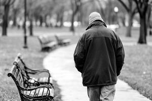 A man walking down a path with a park bench photo
