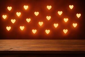 Wooden Table Product Display With Twinkling Heart Shaped Lights for Seasonal Marketing Concept photo