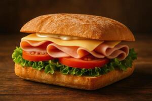 Delicious Artisan Sandwich with Lettuce, Tomato, Cheese, and Deli Meat on Wooden Board, Soft Natural Lighting, Rustic Warm Background, Perfect for Gourmet Food Photography and Culinary Design photo