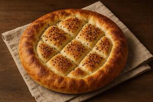 Traditional Turkish Ramadan Pita Bread on Brown Linen Napkin with Sesame Seeds, Golden Brown Crust, and Diamond Patterned Surface for Holiday Season, Close-Up View photo