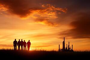 A group of people standing in front of an oil refinery photo
