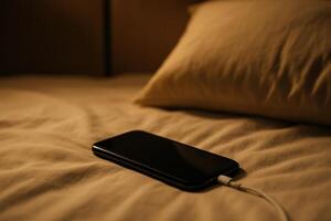 Smartphone Charging on Bed in Cozy Nighttime Atmosphere with Soft Warm Lighting and Calm Relaxing Environment for Rest and Sleep photo