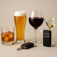 Alcoholic Beverage Arrangement with Breathalyzer and Car Keys Highlighting Drunk Driving Risks and Health Awareness photo