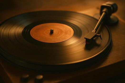 Vintage Vinyl Record Spinning with Retro Colors in Warm Tones, Close Up of Turntable Reflecting Nostalgic Music Scene, Perfect for Music Lovers and Retro Design Enthusiasts photo