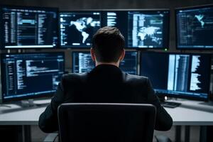 A man in a suit sitting at a desk with multiple computer screens photo
