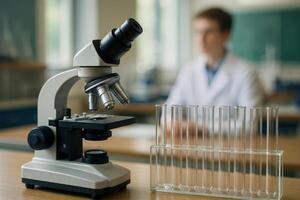 Microscope Test Tubes in School Science Classroom for STEM Education, Featuring Blurred Student in Lab Coat, Exploring Scientific Experiments and Learning in a Modern Educational Setting photo