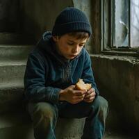 Homeless Boy Sits on Stairs in Abandoned Building Holding Bread Depicts Struggles of Refugee Children Highlighting Social Issues and Need for Support and Custody in Migration Crisis photo