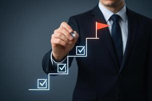 Business Success and Goal Achievement Steps with Businessman Drawing Checkmarks on Virtual Staircase photo
