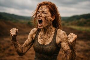 Mud-Covered Woman Expressing Emotion with Clenched Fists in Outdoor Setting Reflecting Intensity and Passion in Nature photo