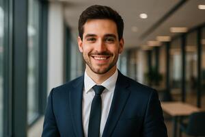 Confident Male Businessman Smiling in Stylish Contemporary Office Portrait Reflecting Professionalism and Approachability photo