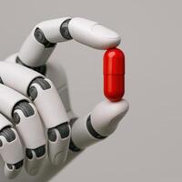 Robot Hand Holding Red Capsule Representing Technological Advancements and Artificial Intelligence on Neutral Background photo