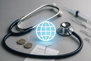 Global Health Care and International Medicine with Stethoscope, World Symbol, and Medical Supplies on Gray Surface photo