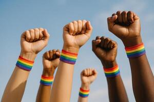 Unity And Pride Raised Fists With Rainbow Wristbands Against Blue Sky Show LGBTQ Support And Diversity Celebration photo