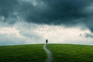 A man walks on a path in a field with birds flying above him photo