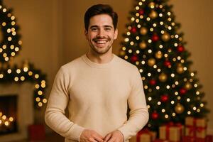 Happy Man Standing Confidently at Festive Christmas Party with Beautifully Decorated Tree and Gifts in Background Creating Warm and Joyful Atmosphere photo