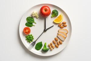 Chrono Fasting Health Concept with Healthy Foods Arranged Around Clock Illustrating Timed Eating Patterns for Optimal Health Highlighting Fresh Vegetables and Balanced Diet photo