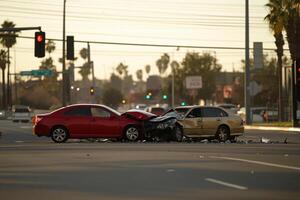 A car is in the middle of the road after a crash photo