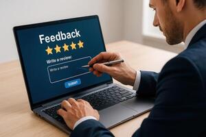 Manager Collects Customer Satisfaction Information to Develop Products and Services Through Feedback and User Comment Rating for Online Reputation Management photo