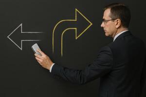 Business Management Concept Businessman Changing Direction, Erasing White Arrow, Drawing Yellow Arrow on Chalkboard, Symbolizing Change and Strategy in Leadership and Decision Making photo